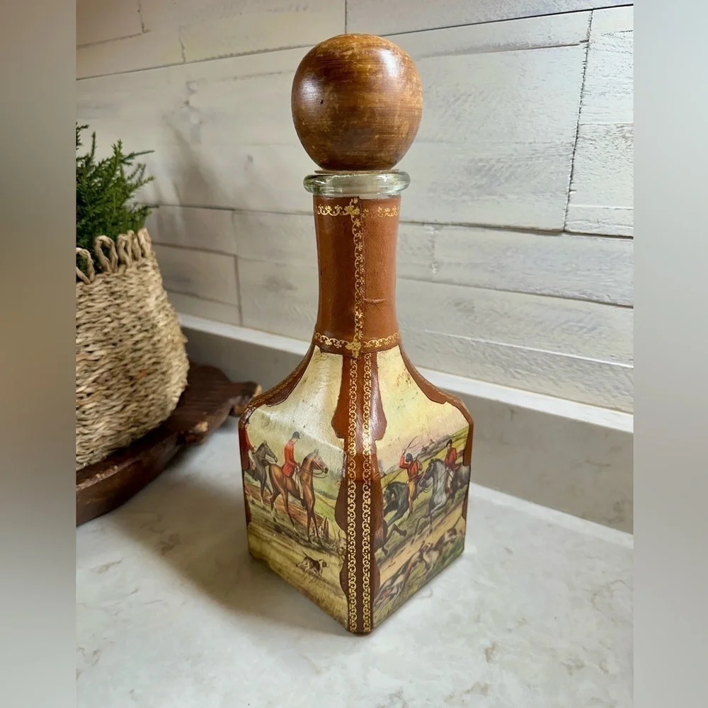 VINTAGE, GENUINE ITALIAN LEATHER-WRAPPED, EMPTY, GLASS LIQUOR DECANTER.